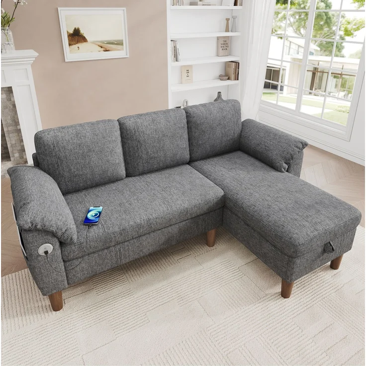 DESVIAE Sofa Ecksofa Hellgrau aus Chenille – 181x88x125 cm – Stauraum, USB-/Type-C-Anschluss – Bild 2
