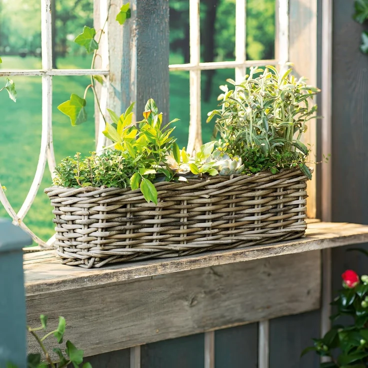 Rattan Pflanzkasten "Koboo Grey" 60 cm lang, grau, Balkonkasten, Blumenkasten für Draußen, Pflanzgefäß – Bild 1