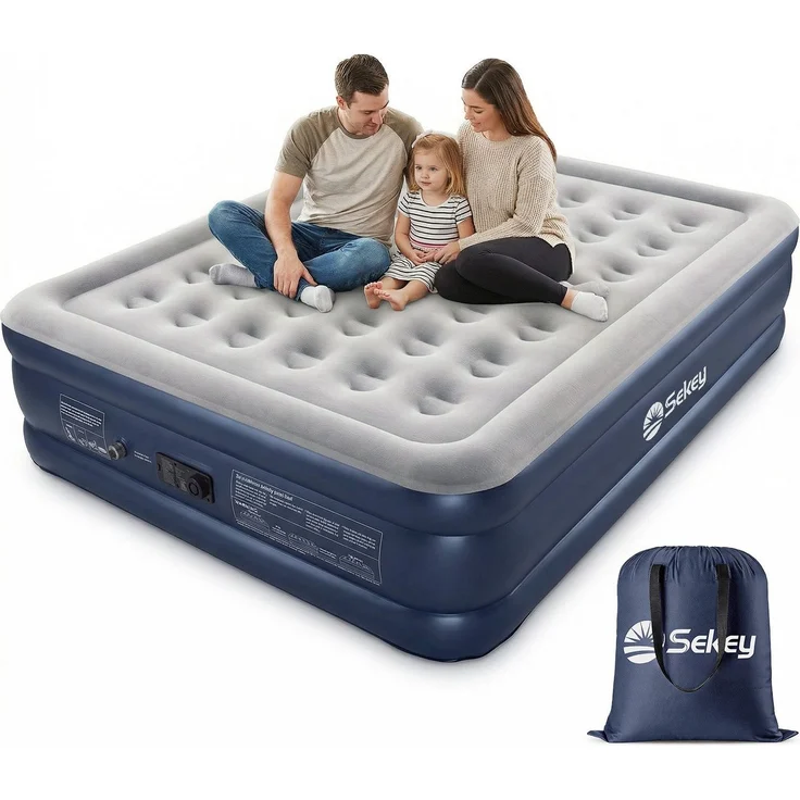 Sekey Luftbett mit integrierter Luftpumpe, Luftmatratze selbstaufblasend 2 Personen, 203 x 152 x 46 cm, blau / grau – Bild 1