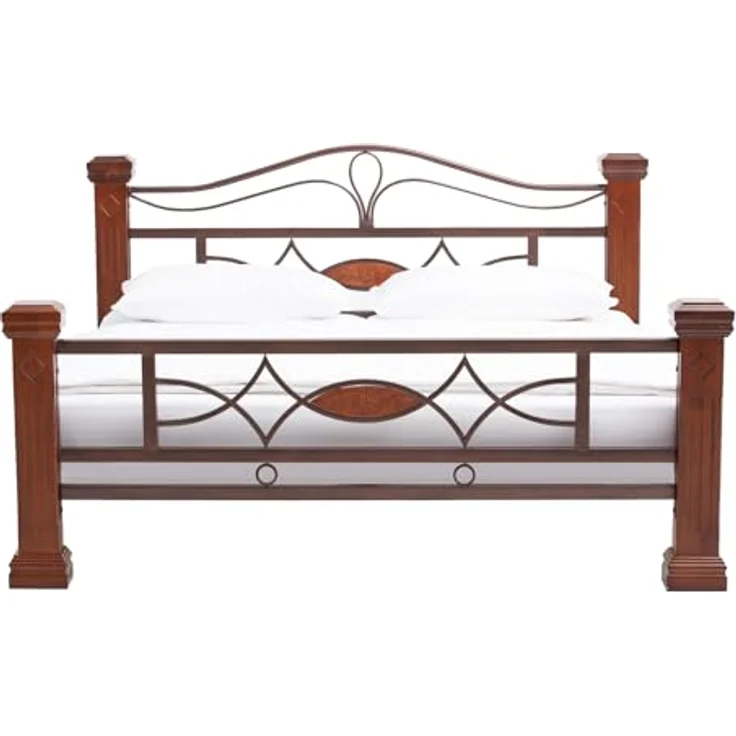 Massives Holzbett 200x200 cm braun rustikal – Doppelbett mit Metallgestell & Holzpfosten – Stabil & stilvoll für gemütliches Schlafzimmer Ambiente – Bild 9