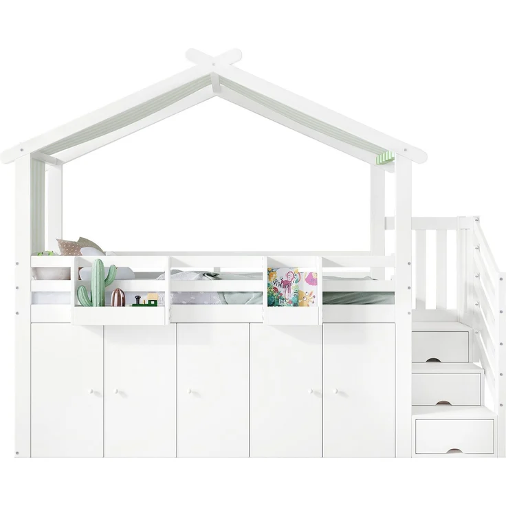 Hochbett mit Lattenrost, Kleiderschrank, Regal und Treppe, 90x200 cm, Hausbett, Kinderbett mit Rausfallschutz, Kiefer – Bild 10