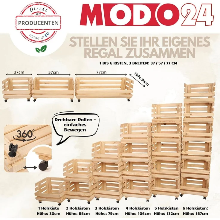 Modo24 Küchenregal Modular Holzregal für Gemüse Obst auf Rollen, Stapelbares Regalsystem, Kartoffelsteige, Küchenregal, Vorratsregal, Gemüseregal, 3 Farben – Bild 3