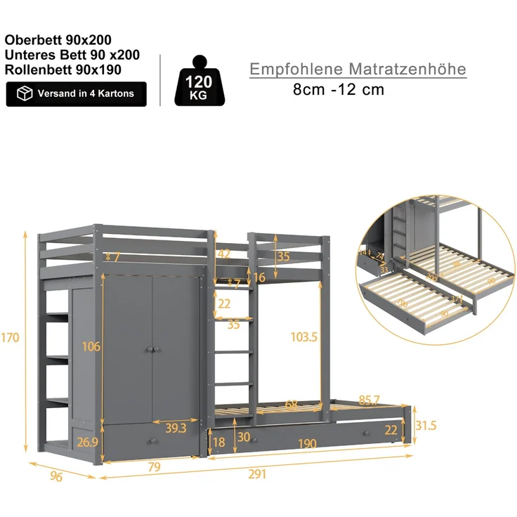 Bett Etagenbett 90/180x200 cm aus Holz mit Ausziehbett, Kleiderschrank und Schubladen, grau, ohne Matratze – Bild 3
