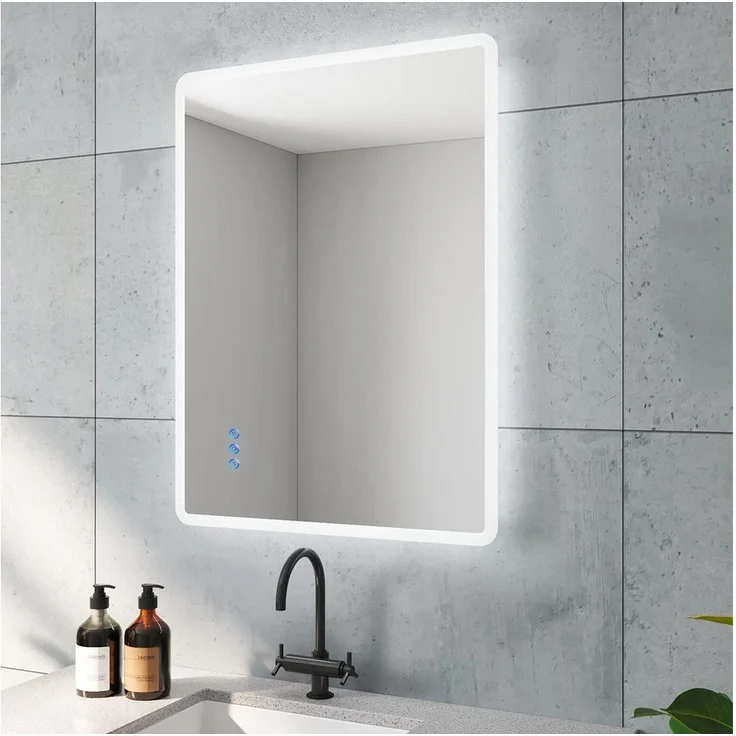AQUABATOS Badspiegel LED mit Touch Sensor, 80x60 cm, 3 Lichtfarben, silber matt, Spiegelheizung, dimmbar, IP44 Antibeschlag
