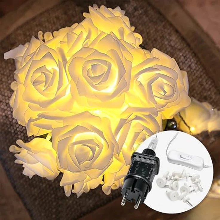 COZY HOME LED-Lichterkette Rosen Lichterkette Batterie & Stecker -, 5 Meter & 20 Blumen LED Warmweiß I Batterie&Stecker I Innenanwendung – Bild 2