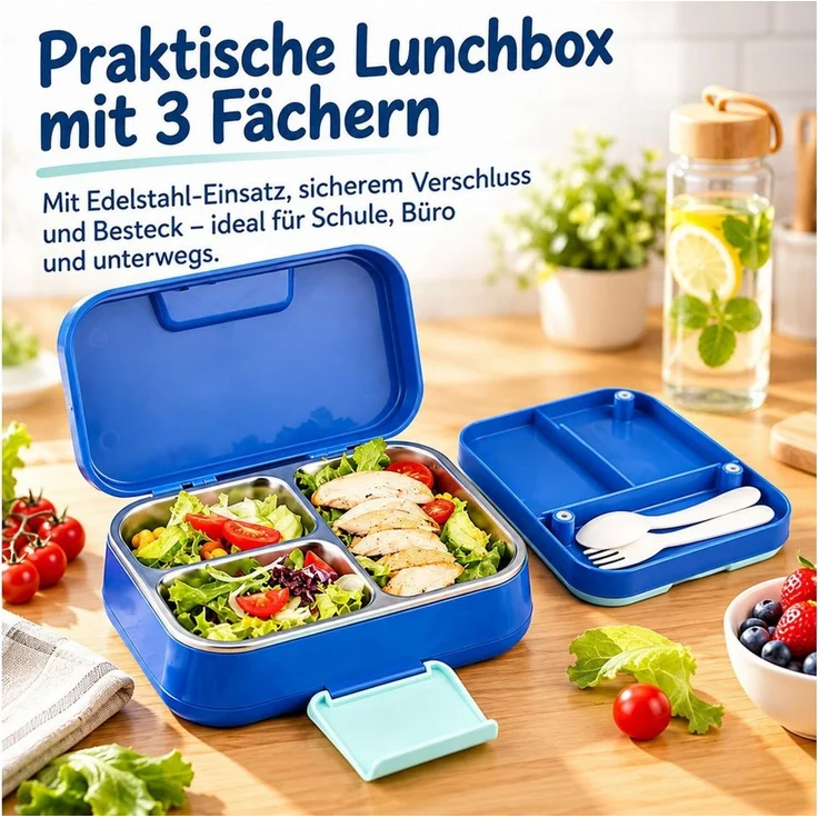 Fyrove Lunchbox Brotdose Kinder, Brotdose Schule, Snackbox Kinder, Brotdose mit Fächern, (1-tlg, 1 x Brotdose mit Deckel und Löffel), Kinder-Brotdose mit 3 Fächern, BPA-frei, wiederverwendbar – Bild 2