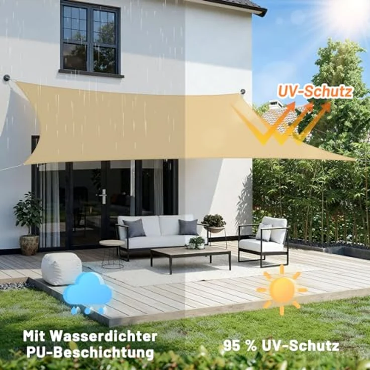 LOVE STORY Sonnensegel Wasserdicht 3. 5x5 m Rechteckig PES Polyester Sonnenschutz Windschutz Balkon Terrasse 95% UV-Schut,für Balkon Garten,Sandbeige – Bild 4