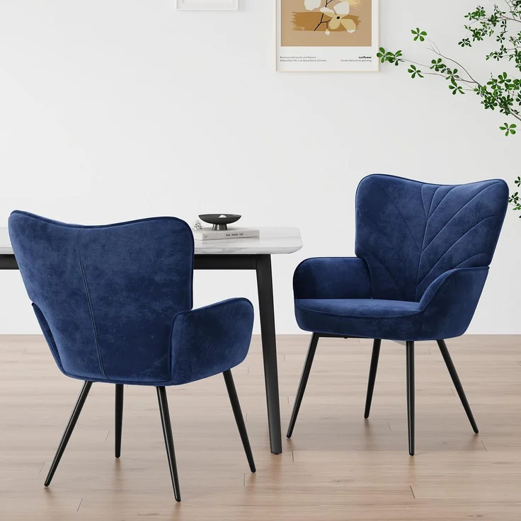 COLAMY Esszimmerstühle mit Armlehnen 2er Set, Stühle Esszimmer mit Rückenlehne, Polsternder Küchenstühle Gepolstert mit Wingback, Dining Chairs mit Holzbeinen für Esszimmer, Küche, Restaurant, Blau