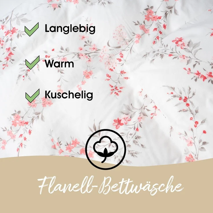 Traumschloss Bettwäsche Premium Baumwolle, Flanell, 2 teilig, Blumenzweige mit rosa Blüten auf weißem Hintergrund – Bild 5