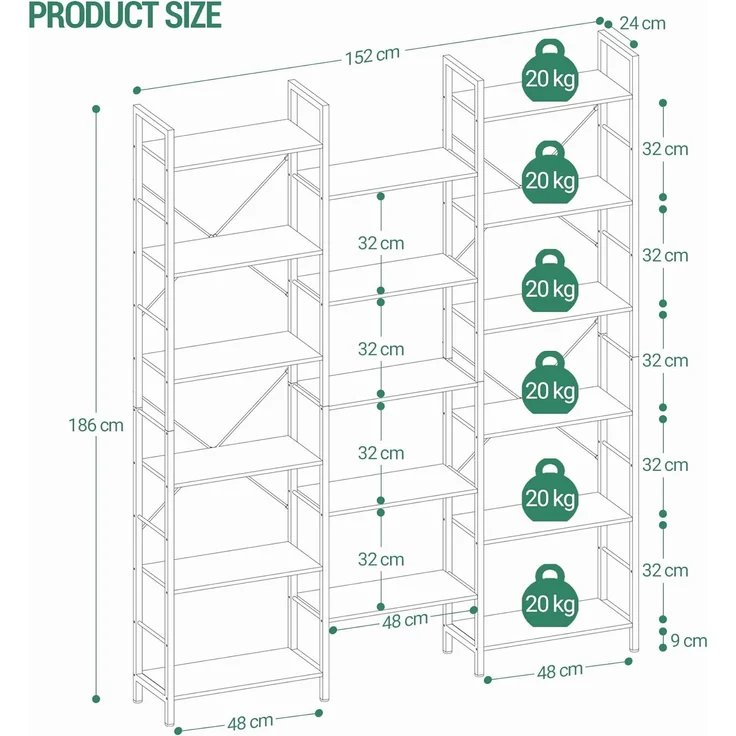 Bücherregale, Standregale, Regal mit 17 Fachböden, 6 Etagen, Verstellbarer Abstand, 24 x 152 x 186 cm, Tragfähigkeit 340 kg, Wohnzimmer, Büro, Schwarz mit Holzmaserung – Bild 7