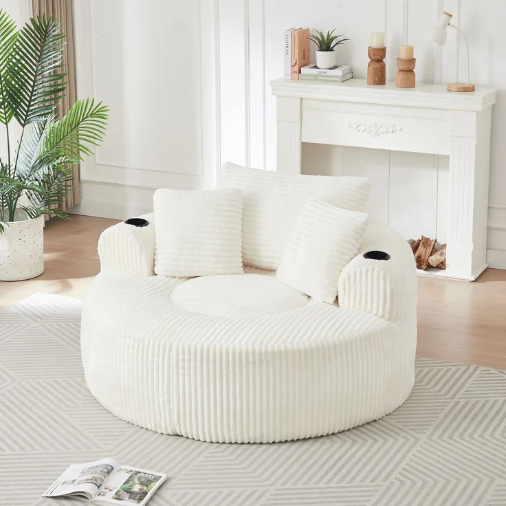 Rundes Loungesofa aus Cord, Einzelsitz Sitzsack Liegestuhl mit 3 Kissen, 2 Getränkehaltern, Seitenaufbewahrung, Rutschfest, Bequemes Relaxsofa für Wohnzimmer Schlafzimmer--Beige--146x29x32cm--YOUDENOVA – Bild 1