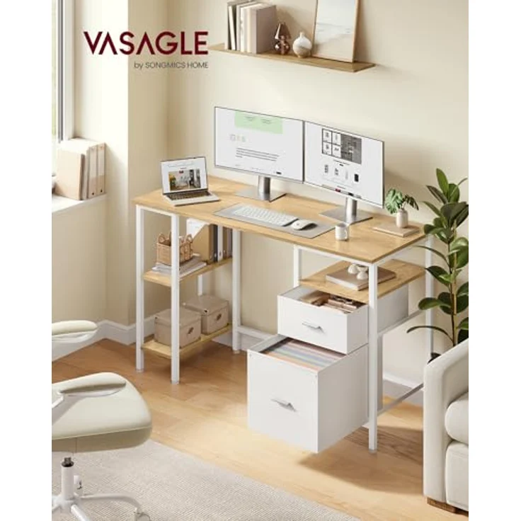 VASAGLE Computertisch, Bürotisch, Schreibtisch, mit 3 Ablagen, 2 Schubladen, 127 x 50 x 76 cm, fürs Büro, Wohnzimmer, moderner Stil, natureichenfarben-mattweiß LWD103YD01 – Bild 2