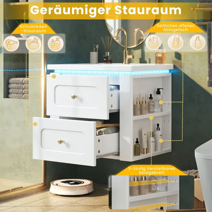 Wandhängender Badschrank 61 x 47 x 50 cm aus MDF mit Keramikwaschbecken, LED und verstellbarem Einlegeboden – Bild 6