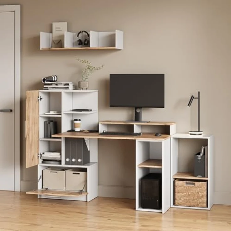 Livinity® PC-Schrank Lorena, Weiß/Goldkraft Eiche, 28.5 x 72 cm mit 2 Fächern (1 St) – Bild 4