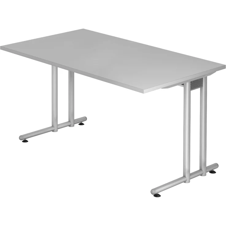 bümö Schreibtisch N-Serie 140x80 cm, Tischplatte aus Holz in grau, Gestell aus Metall in Silber - PC Tisch, Computertisch für's Büro, Office Bürotisch, NS-14-5-S – Bild 1