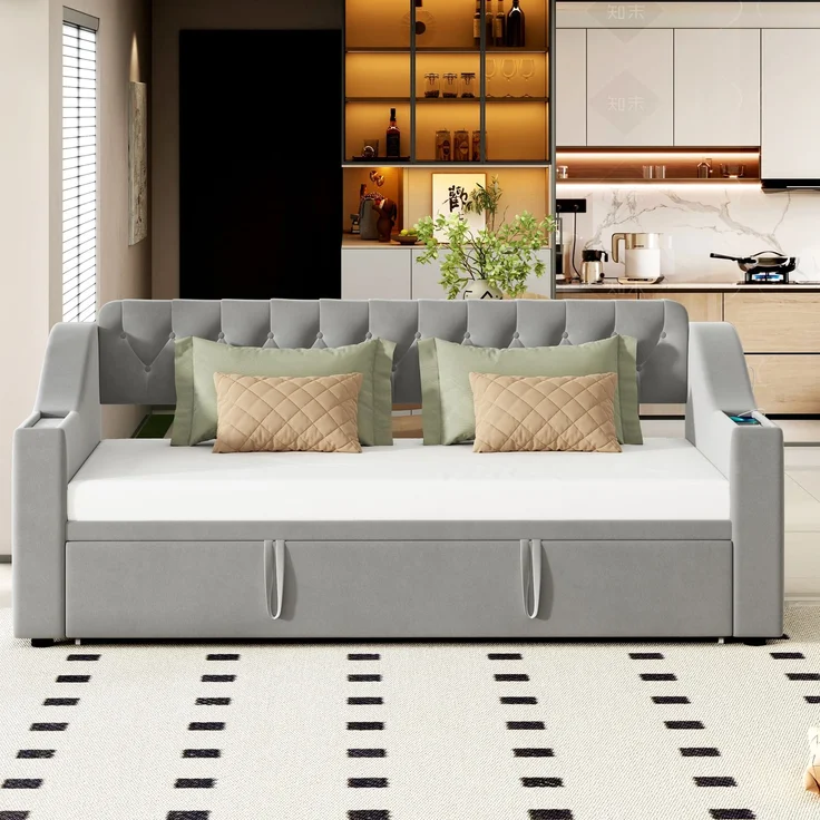 Schlafsofa Samt mit Staufächern & USB-C, 90/180x190 cm grau – Ausziehbares Kingsize Bett, hydraulisch, Sofabett – Bild 2