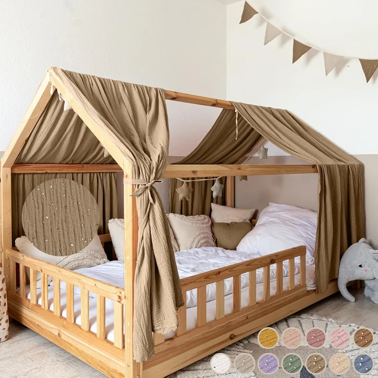 lilimaus Betthimmel Musselin Hausbett Himmel für Kinderzimmer mit Gold Applikation, Musselin Betthimmel aus Baumwolle für Kinderzimmer-Deko