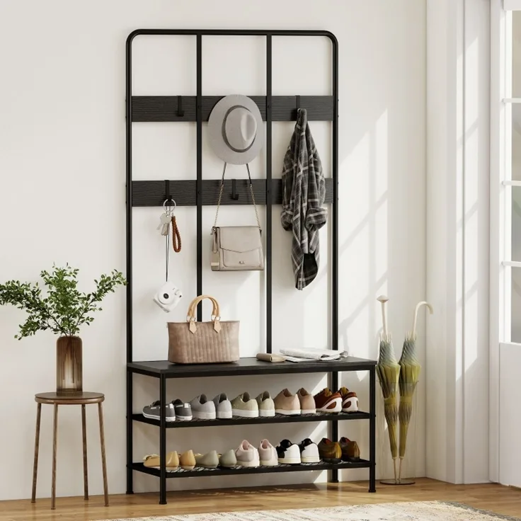 Garderobenständer 104x42,5x18 cm mit Sitzbank, 6 Haken und 2-Ebenen-Schuhregal, Schwarz