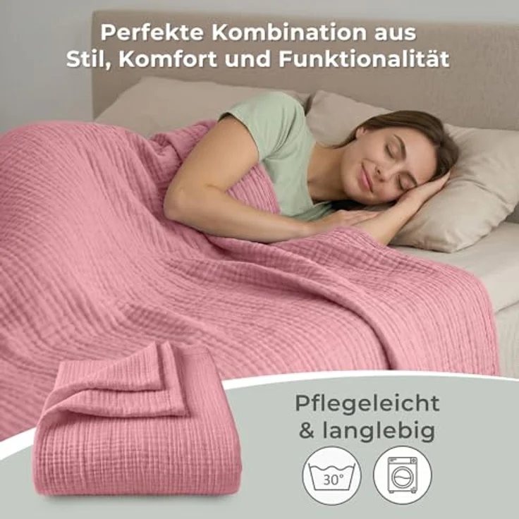 LAYNENBURG Premium Musselin Tagesdecke 180x220 cm - 100% Baumwolle - extraweiche Baumwolldecke als Kuscheldecke, Bett-Überwurf, Sofa-Überwurf, Couch-Überwurf - warme Sofa-Decke (Altrosa) – Bild 7