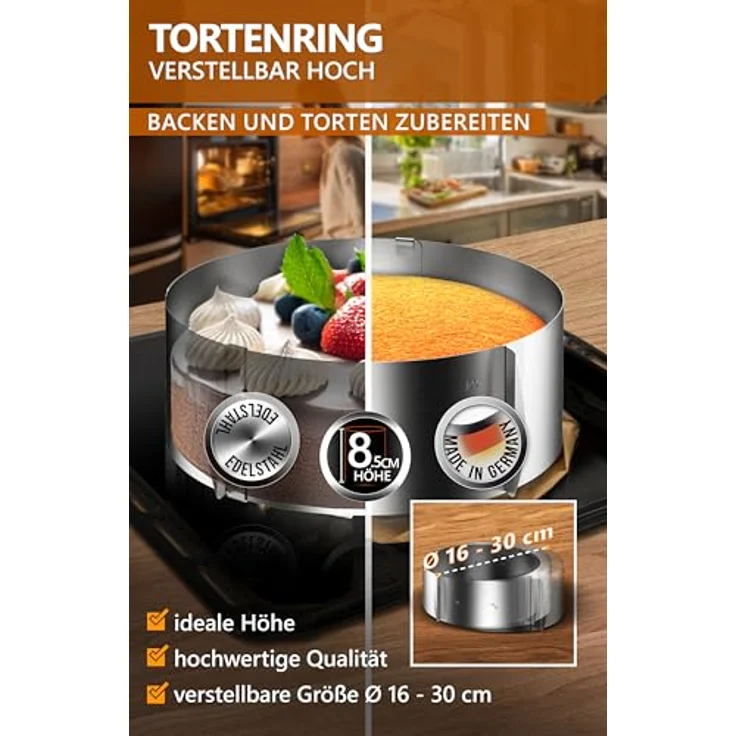 4smile Tortenring verstellbar hoch 8,5 cm - Edelstahl Backring Ø 16-30 cm, stabile Tortenform - Kuchenring rund verstellbar, Backrahmen rund zum Backen und Dekorieren – Bild 3