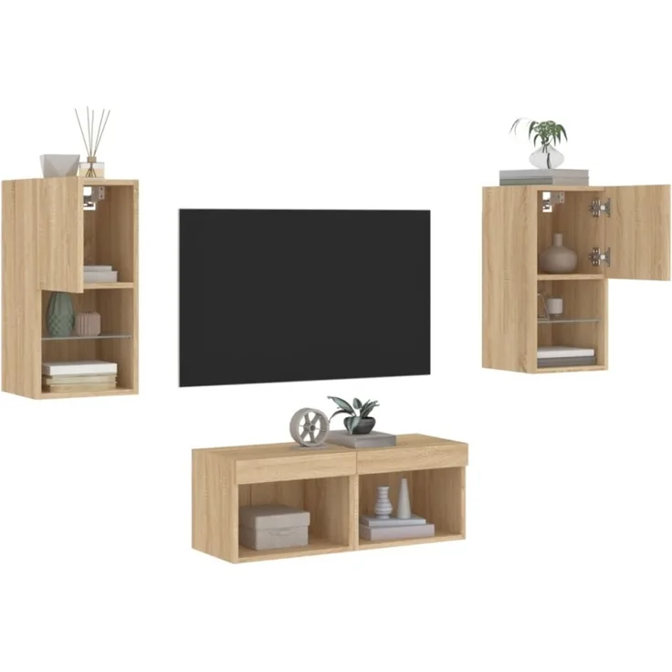 vidaXL 4-tlg. TV-Wohnwand mit LED-Leuchten Sonoma-Eiche 3216571