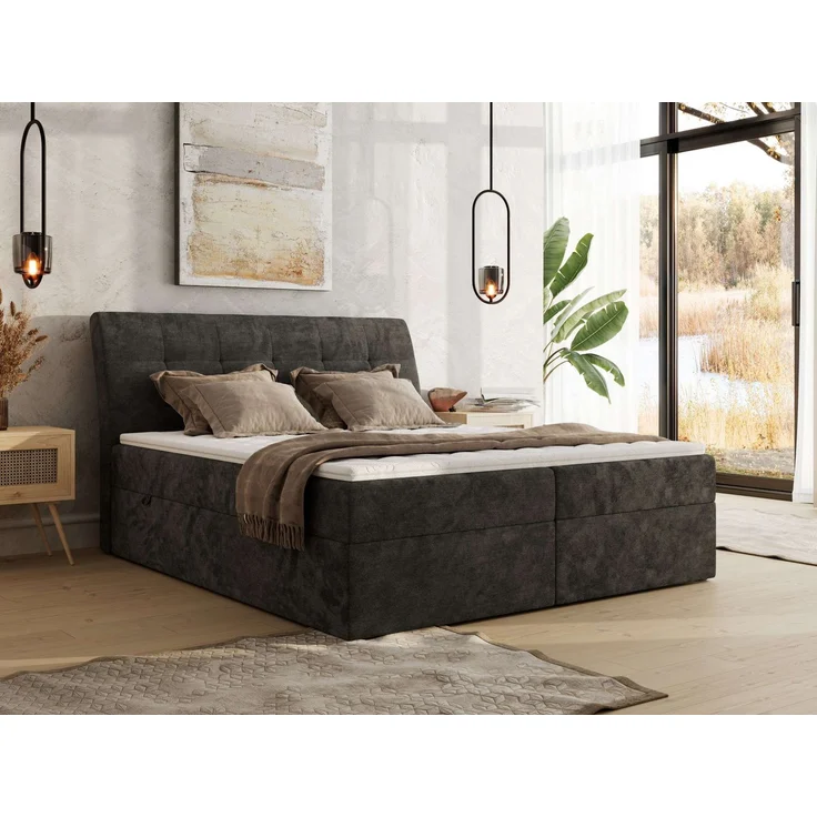 Boxspringbett DAGOS 140 x 200 cm mit Kopfteil, Lattenrost und Stauraum – Doppelbett mit Matratze & Topper Visco , stabile Konstruktion, Bettkasten, modernes Design - Dunkelgrau Schenille glatt - H4 – Bild 1