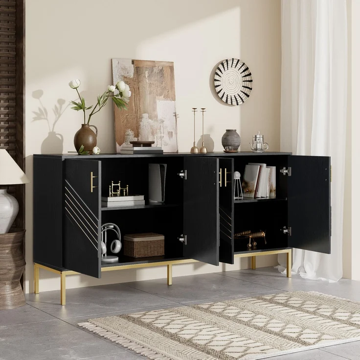 DESVIAE Sideboard mit 4 Türen und verstellbaren Einlegeböden 160x80,5x40 cm MDF Schwarz Holzoptik – Bild 4