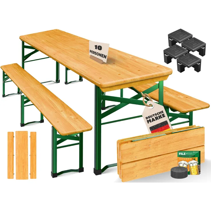 KESSER® Bierzeltgarnitur, 3 teilig, Klappbar, 2x Bierbänke 1x Biertisch 16-teiliges Bodenschoner-Set, Holz Natur, 220 x 50 x 77 cm