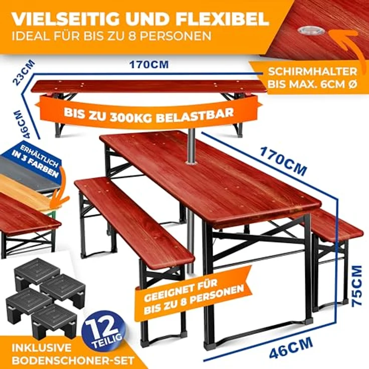 KESSER® Bierzeltgarnitur 3 teilig Gartenmöbel-Set | Klappbar 170 x 46 x 75 cm | 2X Bierbänke 1x Biertisch | Festzeltgarnitur Biertisch Stehtisch Sitzgarnitur Holz 12x Bodenschoner – Bild 3