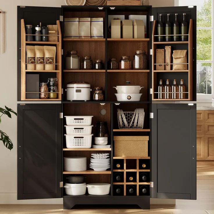 Küchenschrank, hoher Stauraumschrank mit 4 Scheunentor-Türen, Vorratsschrank mit Weinregal und Türregal, Aufbewahrungsschrank für Wohnzimmer und Esszimmer, 80 × 40× 180 cm – Bild 2