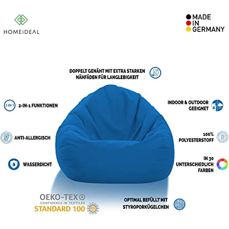 HomeIdeal - Sitzsack XXL Bodenkissen für Erwachsene & Kinder - Geeignet für Gaming oder Entspannen - Indoor wie Outdoor da er Wasserfest ist - mit EPS Perlen, Farbe:Königsblau, Größe:XXL – Bild 3