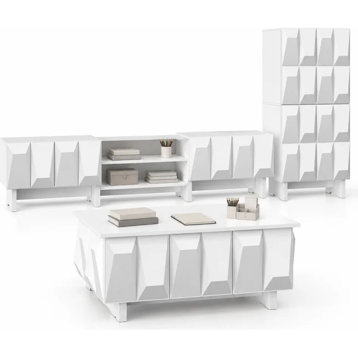 DESVIAE Sideboard-Set 3-tlg. Weiß aus Spanplatte – TV-Lowboard 180x44,5x34 cm – geometrische 3D-Fronten – Bild 4