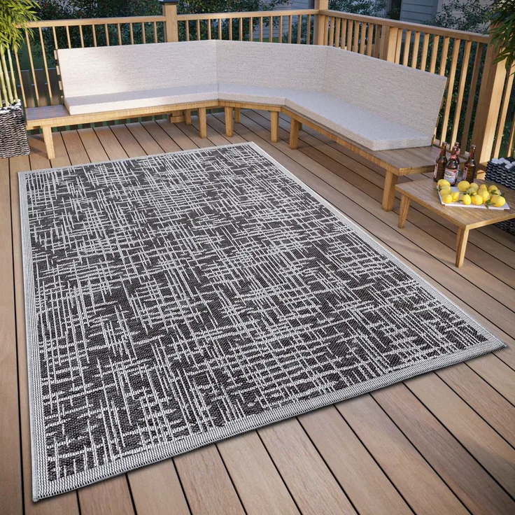 Hanse Home Telu In- & Outdoor Teppich Wetterfest – Modernes Muster, Wasserfest robuster Aussenteppich Flachgewebe für Garten, Balkon, Terrasse, Wohnzimmer – Grau Beige, 63x120 cm