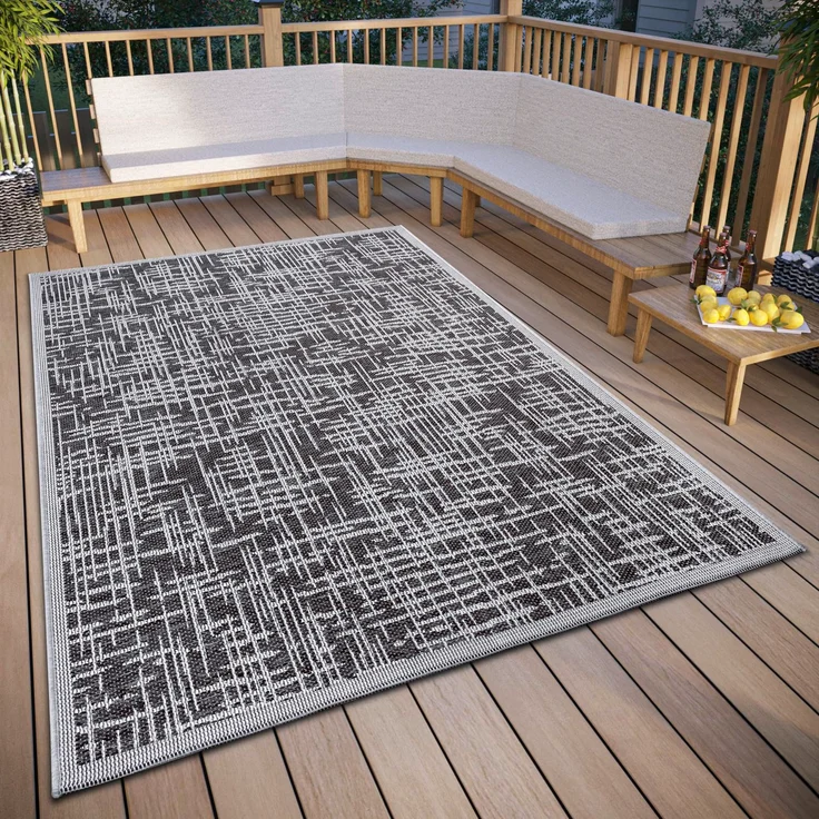 Hanse Home Telu In- & Outdoor Teppich Wetterfest – Modernes Muster, Wasserfest robuster Aussenteppich Flachgewebe für Garten, Balkon, Terrasse, Wohnzimmer – Grau Beige, 63x120 cm