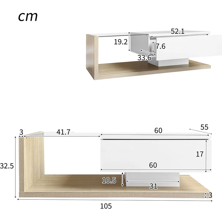 Couchtisch aus Spanplatte mit Glasplatte & LED-Licht, 105x55x32,5 cm, Weiß/Natural – Bild 10