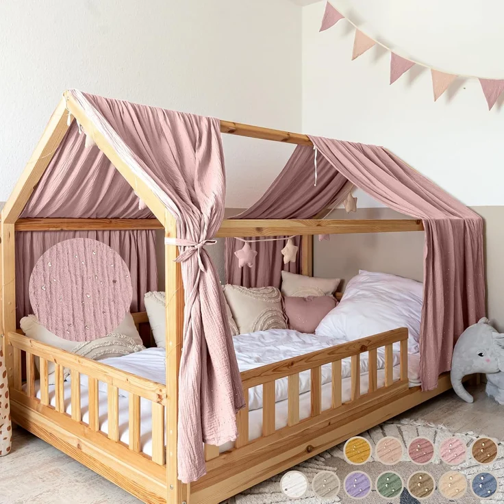 lilimaus Betthimmel Musselin Hausbett Himmel für Kinderzimmer mit Gold Applikation, Musselin Betthimmel aus Baumwolle für Kinderzimmer-Deko – Bild 1