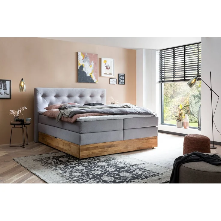 Belanoti MARBO Boxspringbett 180x200 mit Bettkasten 7-Zonen Taschenfederkern Matratze inklusive Visco Topper Bett 180x200 Eiche in der Farbe Hellgrau H2/H3 Polsterbett mit Massivholz Eiche – Bild 5