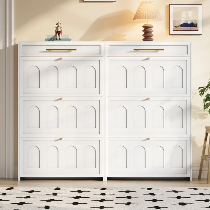 ZUBALIYA Schuhschrank (140 x 25 x 123,5 cm), 2 Schubladen, Verstellbare Einlegeböden, Stauraum für Flur und Eingangsbereich, Weiß