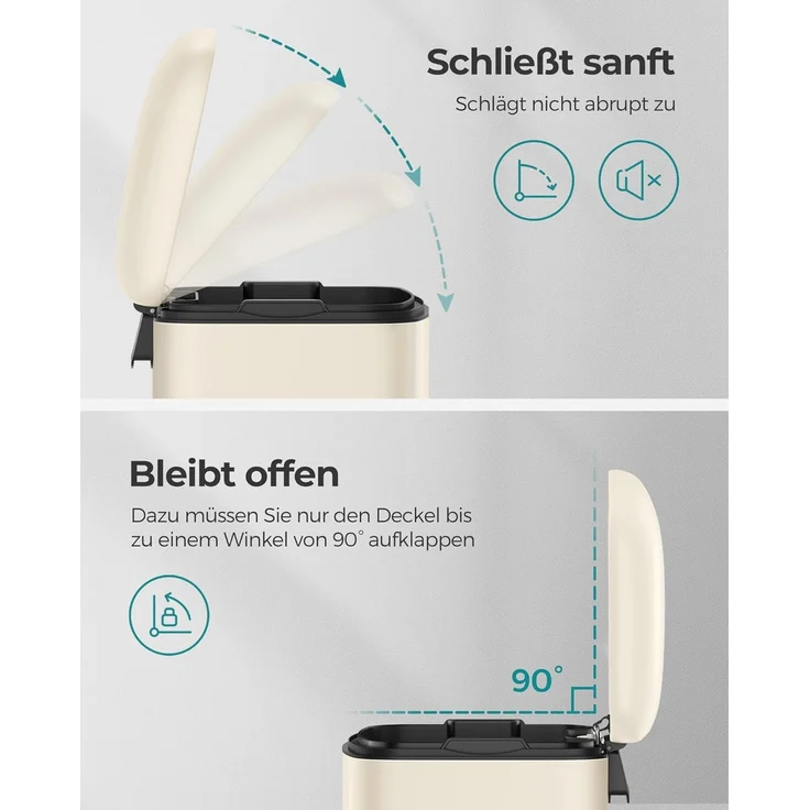 SONGMICS Abfalleimer für die Küche, 30 l, Abfalleimer aus Stahl mit Pedal, Deckel und Inneneimer, sanfter Verschluss, Wolkenweiß LTB001A01 – Bild 3