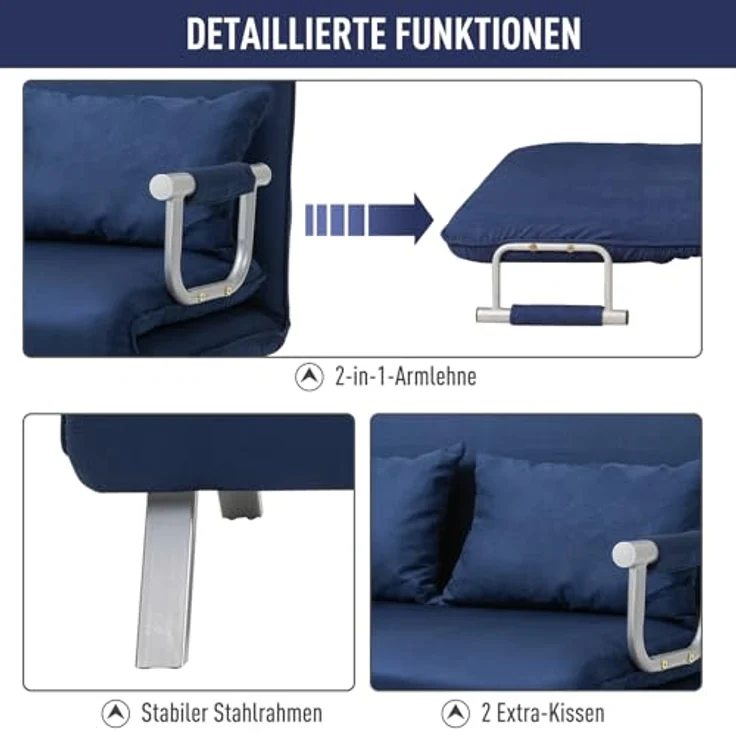 HOMCOM Schlafsofa 2er-Sofa mit Schlaffunktion, Verstellbarer Rückenlehne, Kissen, Couch 1 Teile, für Wohnzimmer, Schlafzimmer, Blau – Bild 6