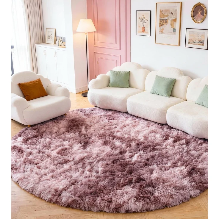 ROHATIM Teppich Rund 100 cm Lila-rosa Waschbar Rutschfester Runder Hochflorteppich Wohnzimmer Kinderzimmer Schlafzimmer Flauschig