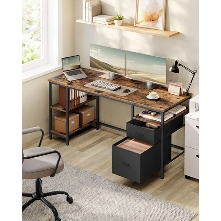 VASAGLE Computertisch, Bürotisch, Schreibtisch, mit 3 Ablagen, 2 Schubladen, 60 x 160 x 76 cm, fürs Büro, Wohnzimmer, moderner Stil, vintagebraun-schwarz – Bild 1