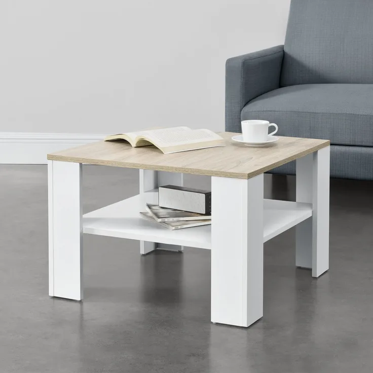 Couchtisch Aachen 60x60x40 cm mit Ablage Weiß/Eichenoptik en. casa