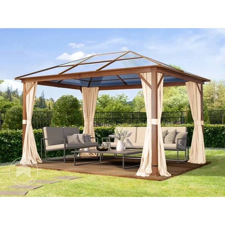 Gartenpavillon 3x4 m Holzoptik, ca 8 mm Polycarboat-Dach, 4 Seitenteile in champagner – Bild 1