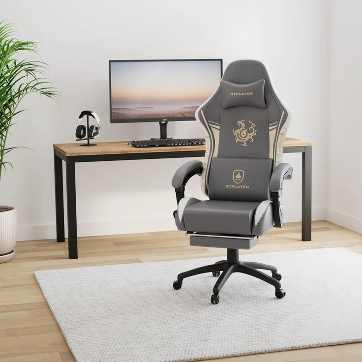 GTPLAYER Gaming Stuhl Gamer Stuhl mit Bluetooth-Lautsprechern und Fußstütze, Dragon Series Bürostuhl, Ergonomischer Drehsessel, Computerstuhl 150KG, grau – Bild 2