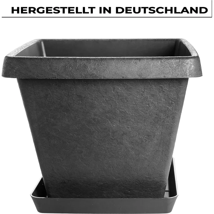 Centi Pflanzkübel 2 Stk Blumenkübel, Pflanzkübel eckig und Untersetzer (Set, 2 St, 34x34 cm, Farbe: anthrazit, Made in Germany), Pflanztopf, innovatives Stone-Design, extra stabil – Bild 3