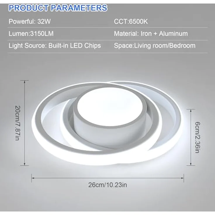 Comely LED Deckenlampe Weiß Rund, Moderne Deckenleuchte 32W mit Kaltweißem Licht 6500K, Deckenlampe für Wohnzimmer, Schlafzimmer und Küche, Hergestellt aus Aluminium und Eisen, Einfache Montage – Bild 5