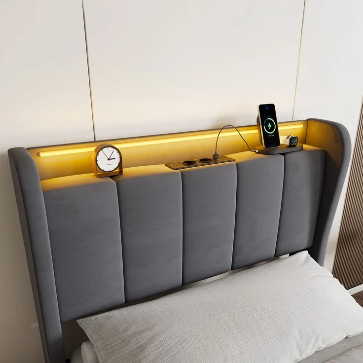 Polsterbett 90x200 cm mit hydraulischem Bettkasten, LED-Beleuchtung und Kopfteil – Dunkelgrau, ohne Matratze – Bild 8