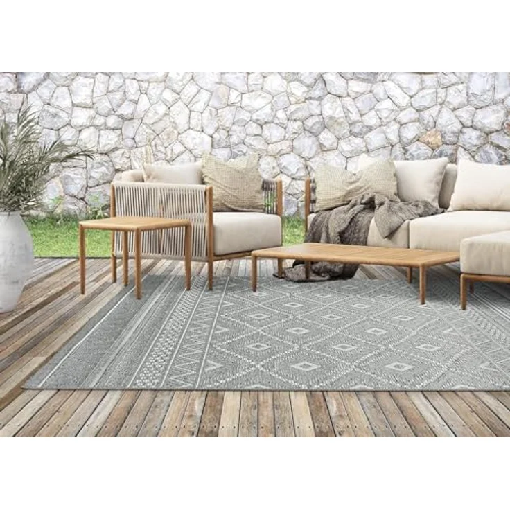 the carpet Calgary - robuster Teppich, Flachgewebe, modernes Design, ideal für Wohnzimmer, Esszimmer und Außenbereich, In- und Outdoor, Vintage-Optik, Boho-Style, Grau-Raute, 300x400 cm – Bild 6