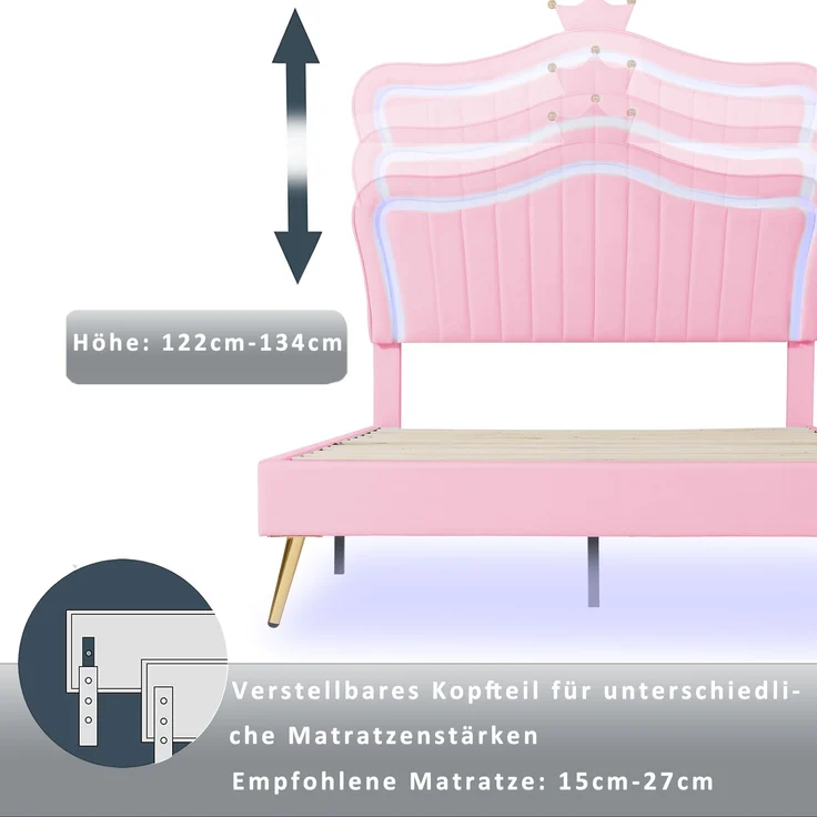 Bett 90x200 cm aus PU-Kunstleder mit LED-Leiste und verstellbarem Kopfteil – kindgerechtes Design in Pink – Bild 5
